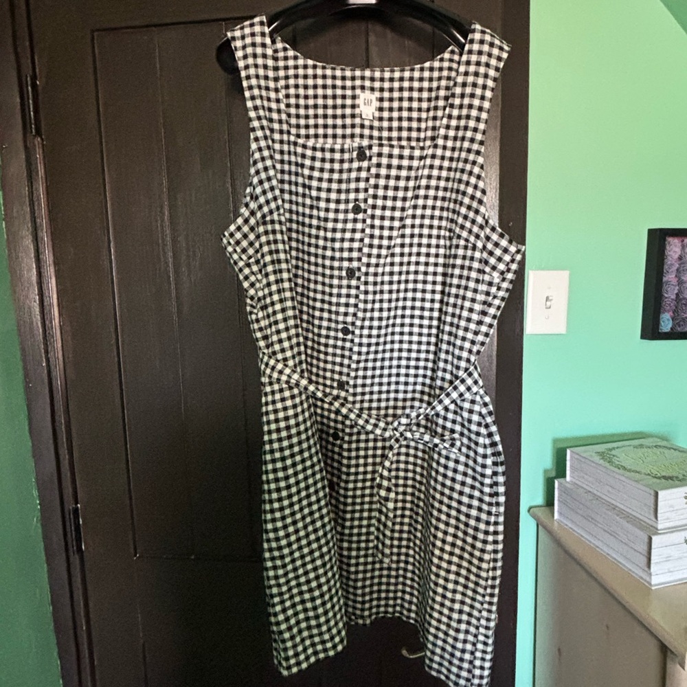 GAP Black & White Gingham Midi Dress with Tie Waist